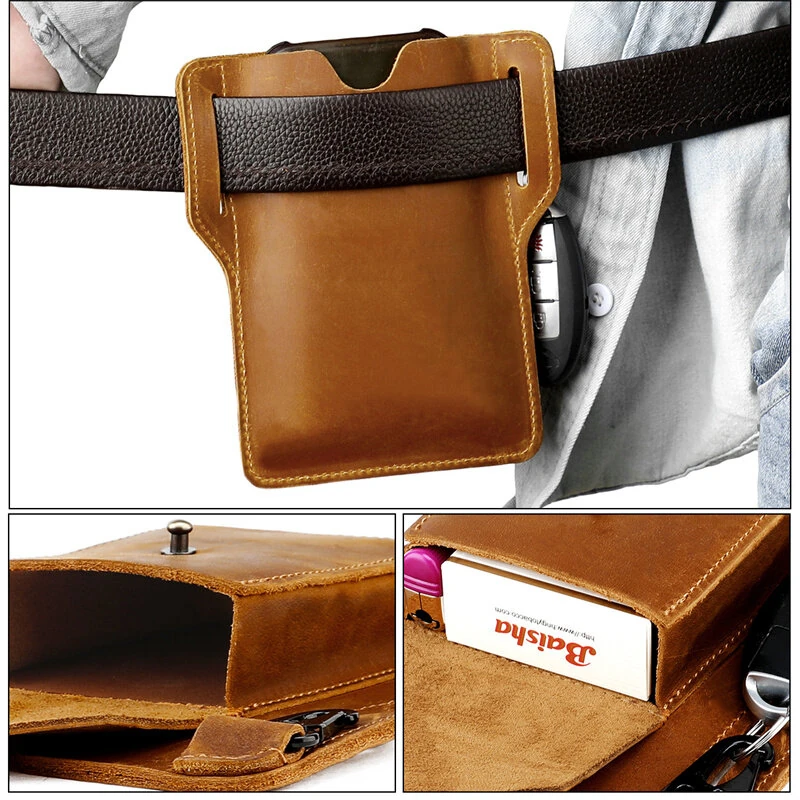 (image for) Ekphero Retro Men's Waist Bag Genuine Leather Belt Bag Key Waist Work Pocket Phone Bag for Belt Wearable Holster